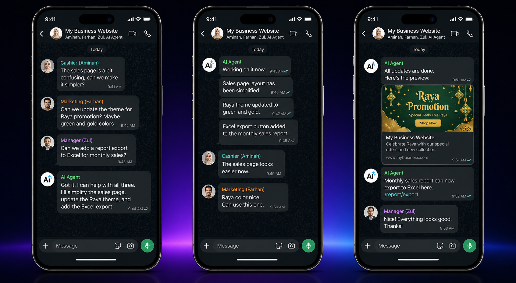 Realistic WhatsApp group chat where staff ask xiaoluotech AI Agent to simplify a sales page, update Raya theme, and add Excel export